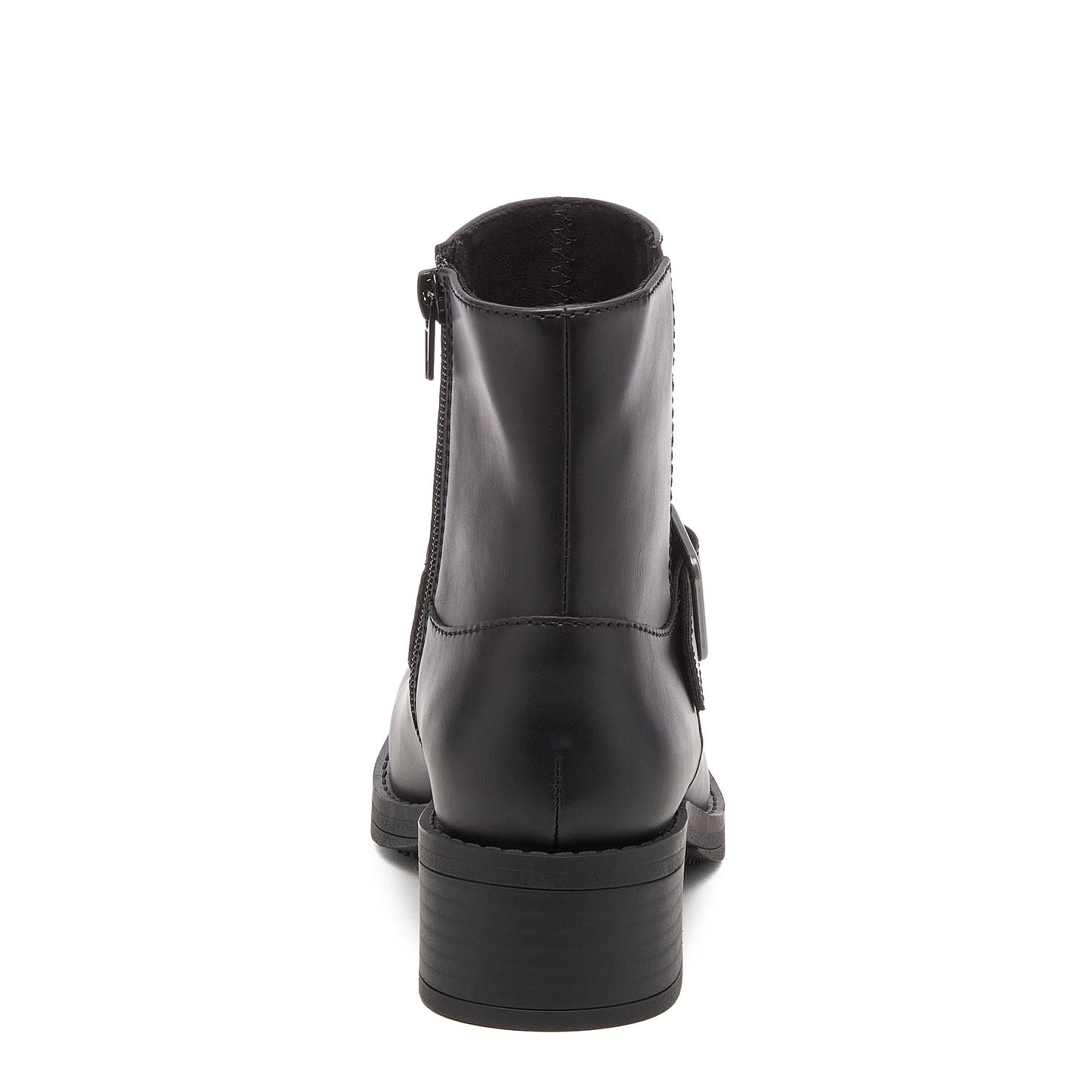 Freddie Black Boots black boots back view with side zip and low heel