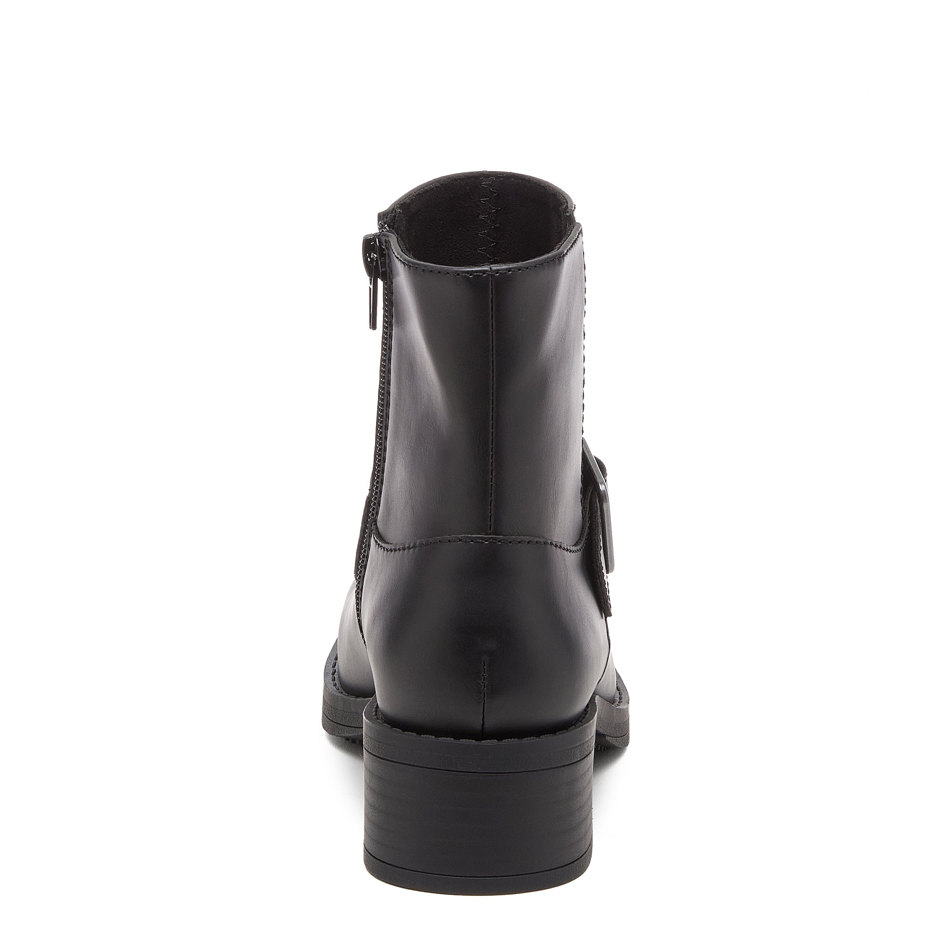 Freddie Black Boots black boots back view with side zip and low heel