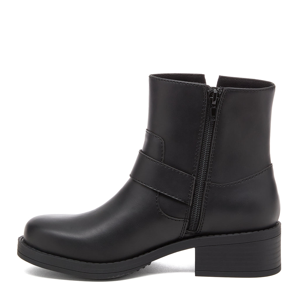 Freddie Black Boots black boots side view showing side zip, buckle strap and black sole