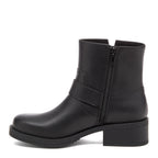 Freddie Black Boots black boots side view showing side zip, buckle strap and black sole