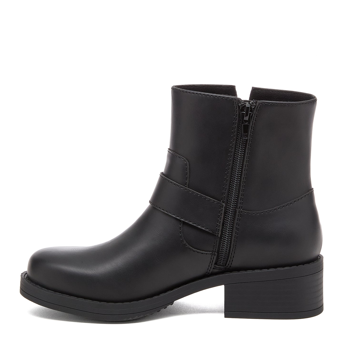 Freddie Black Boots black boots side view showing side zip, buckle strap and black sole