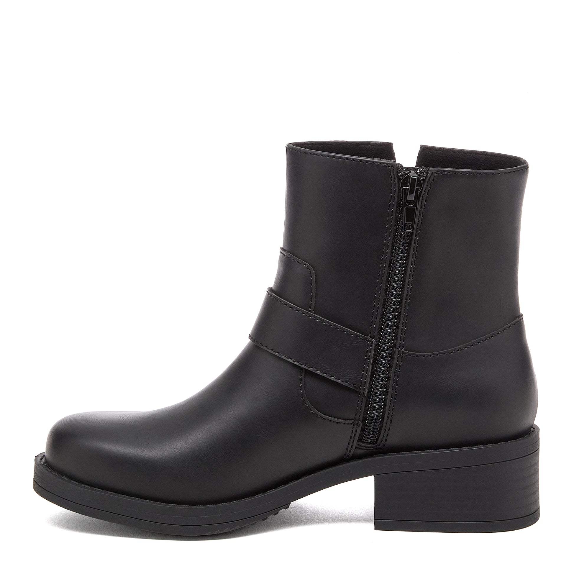 Freddie Black Boots black boots side view showing side zip, buckle strap and black sole