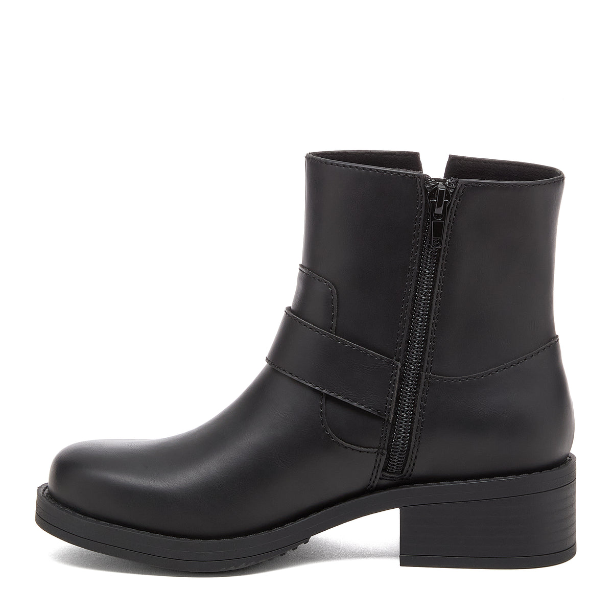 Freddie Black Boots black boots side view showing side zip, buckle strap and black sole