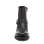 Freddie Black Boots black boots front view with rounded toe and buckle strap detail