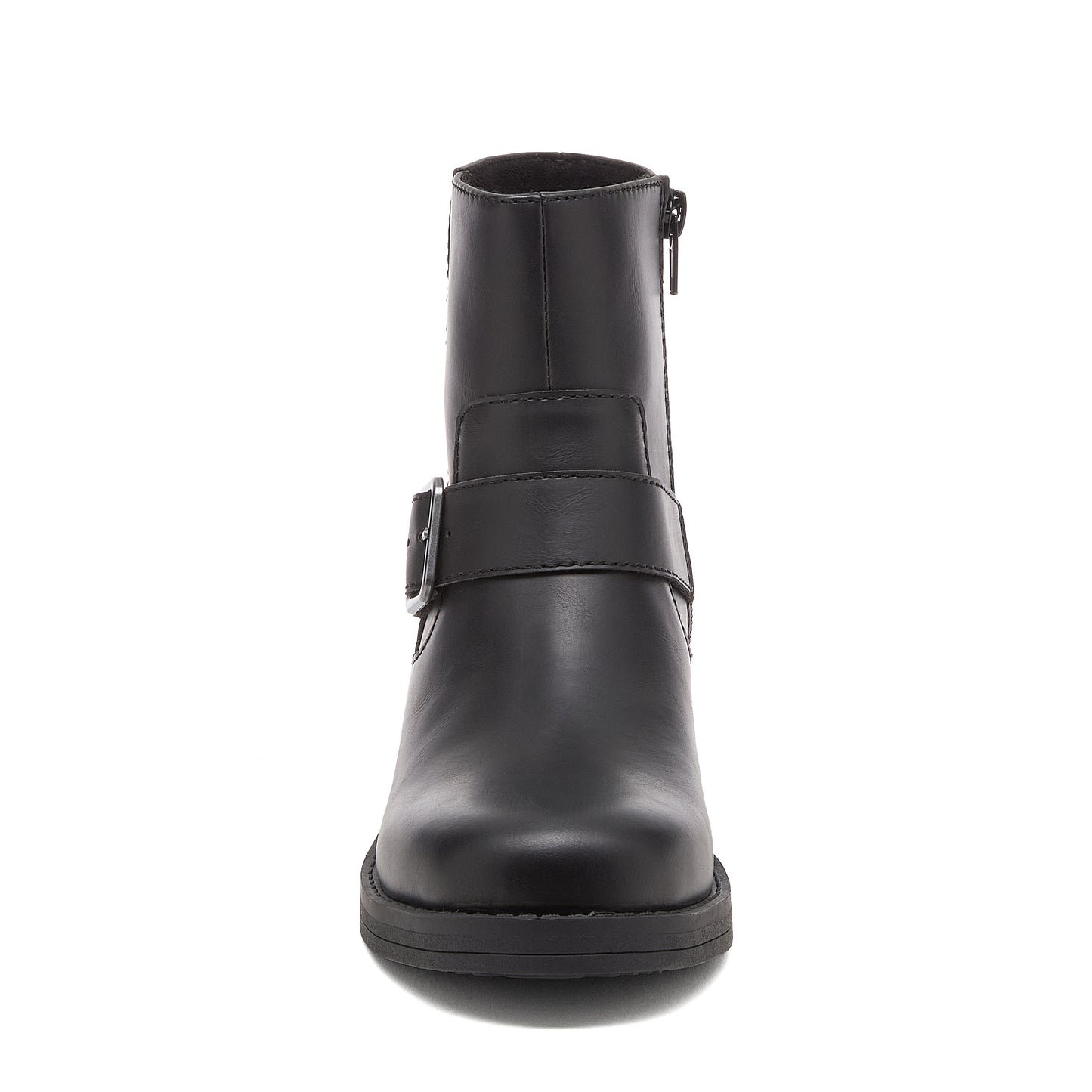 Freddie Black Boots black boots front view with rounded toe and buckle strap detail