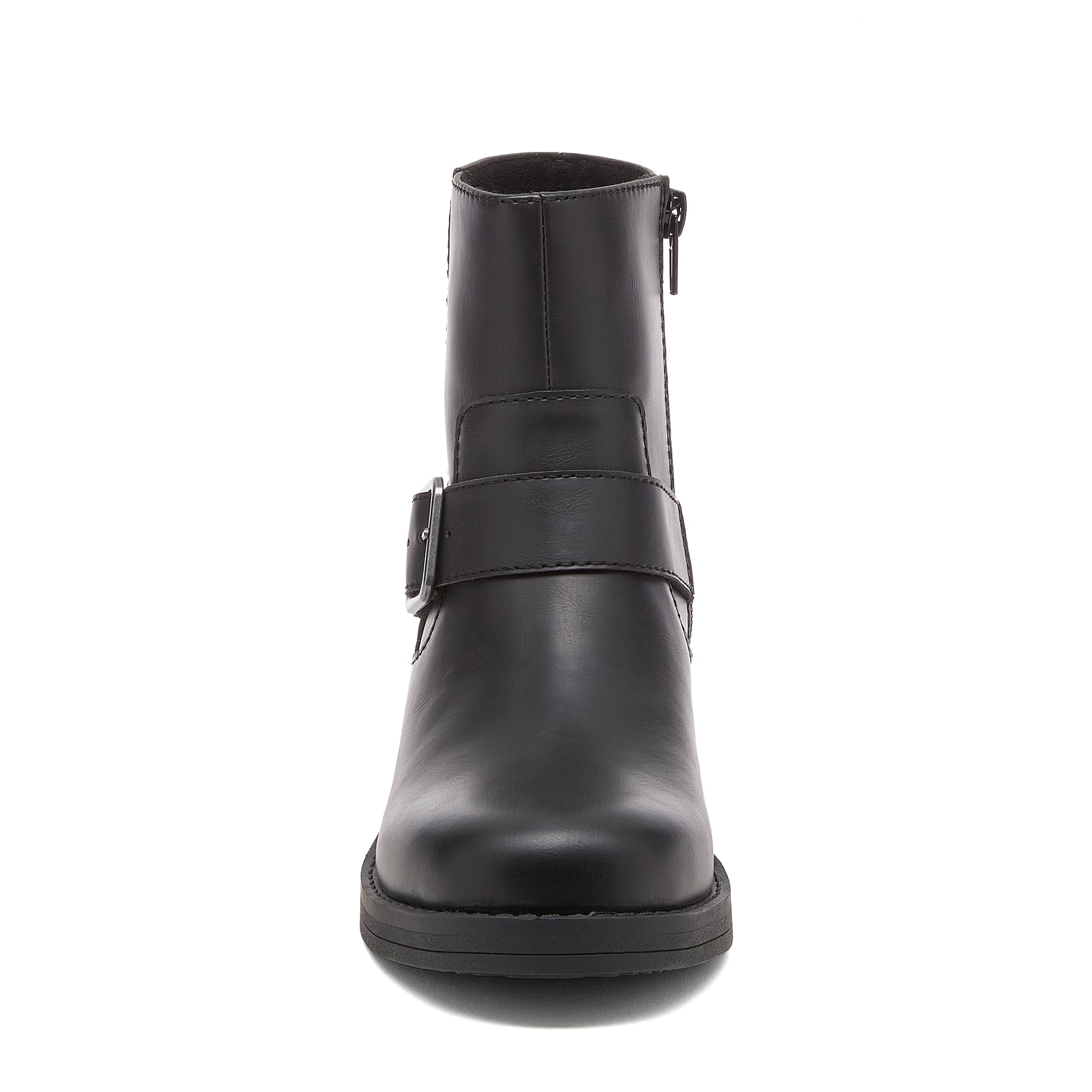 Freddie Black Boots black boots front view with rounded toe and buckle strap detail