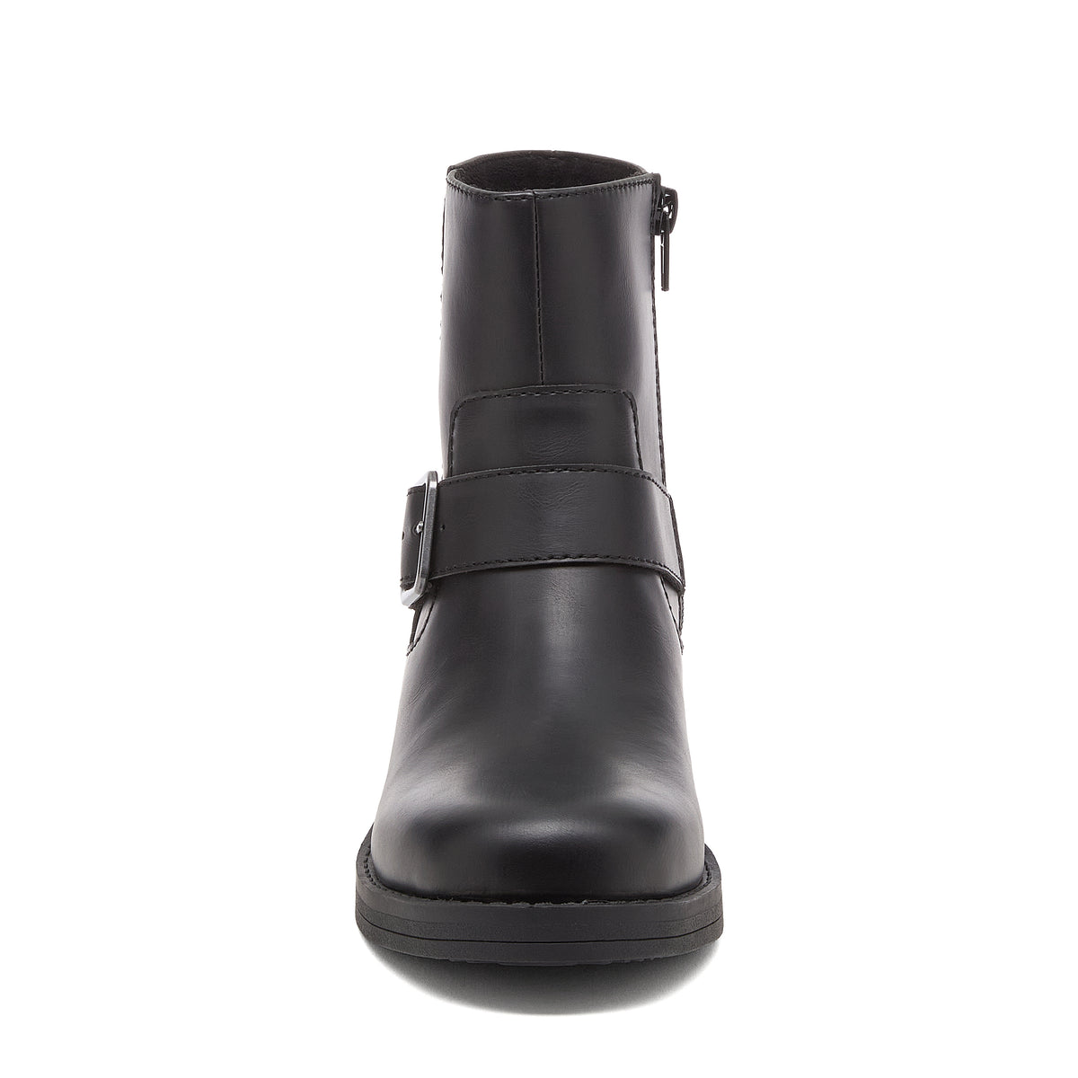 Freddie Black Boots black boots front view with rounded toe and buckle strap detail