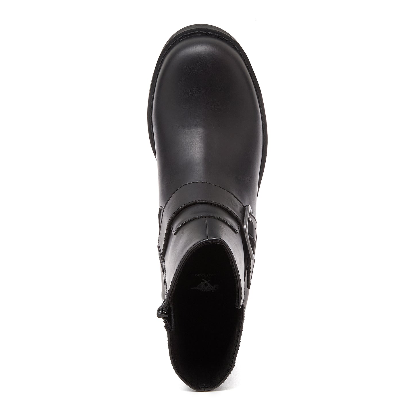 Freddie Black Boots black boots top view showing rounded toe, buckle strap and side zip