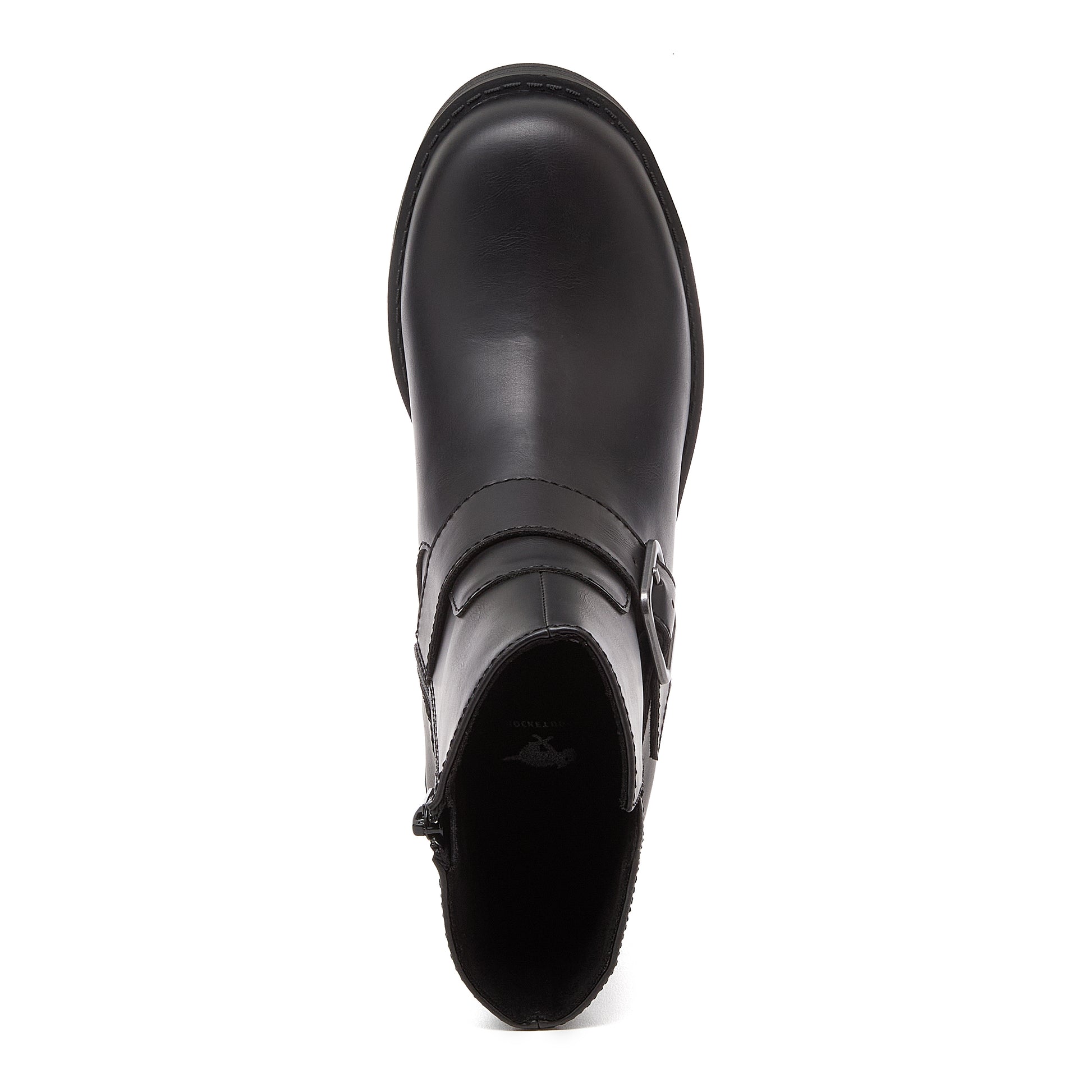 Freddie Black Boots black boots top view showing rounded toe, buckle strap and side zip