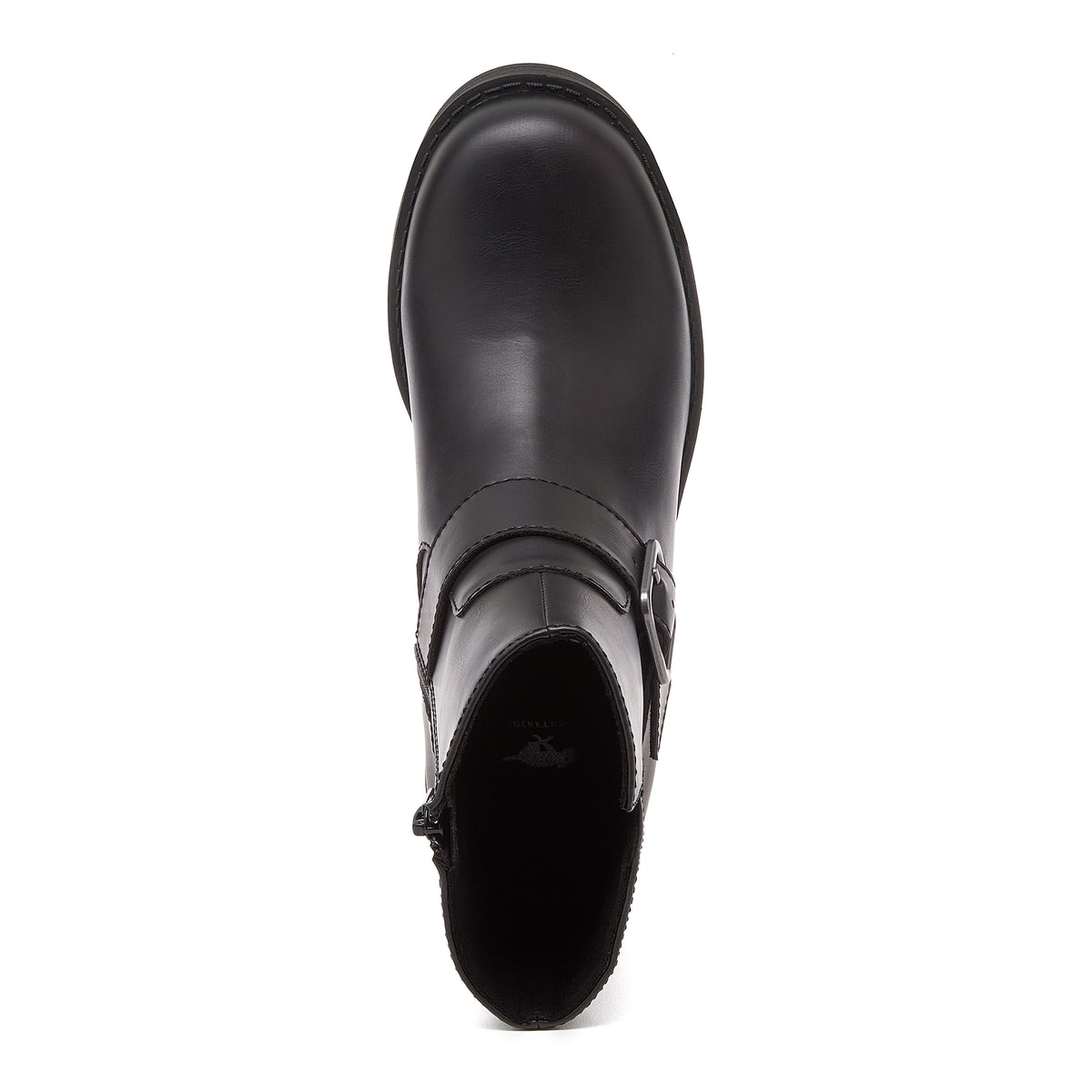 Freddie Black Boots black boots top view showing rounded toe, buckle strap and side zip