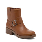 Freddie Brown Boots in cognac, front angled view showing the buckle strap and round toe