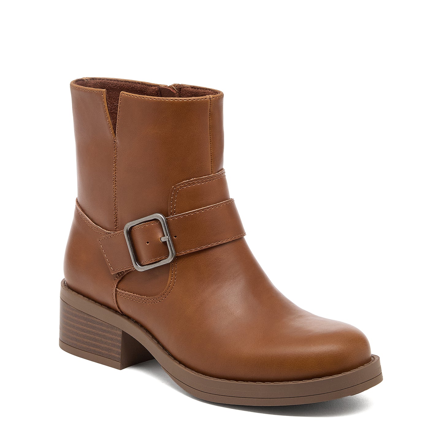 Freddie Brown Boots in cognac, front angled view showing the buckle strap and round toe