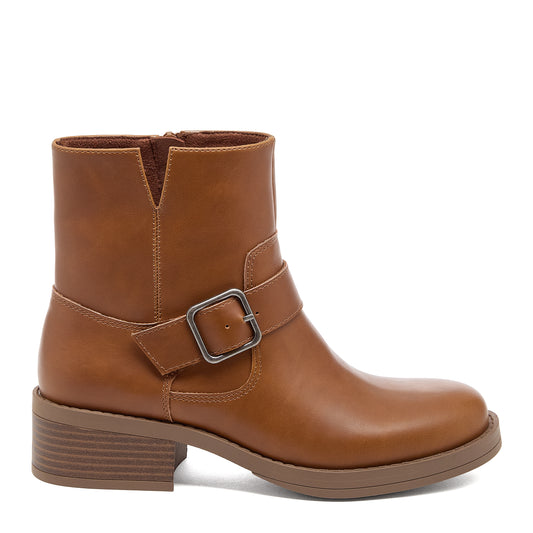 Freddie Brown Boots in cognac, outer side view showing the wide buckle strap and ankle boot profile
