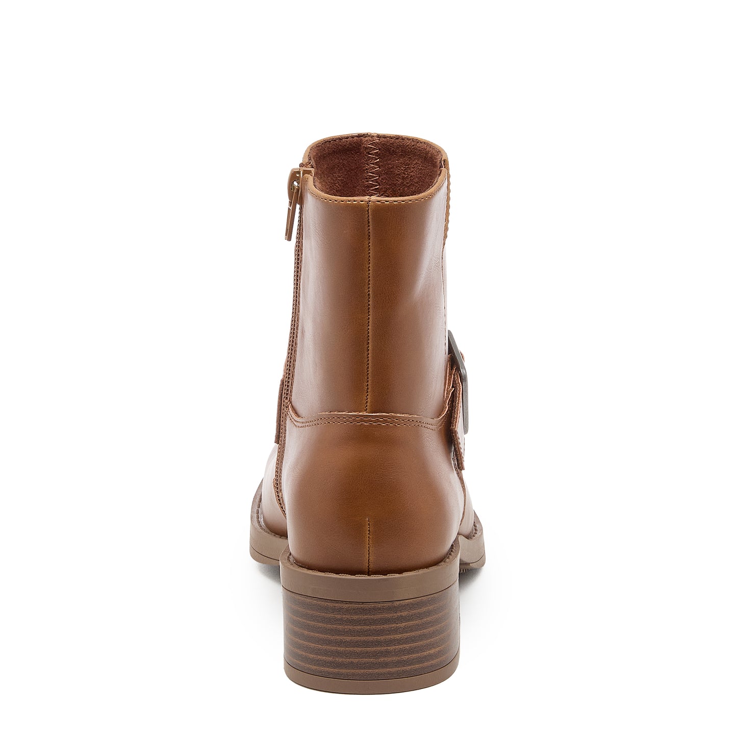 Freddie Brown Boots in cognac, rear view showing the ankle boot shape, side zip pull and block heel