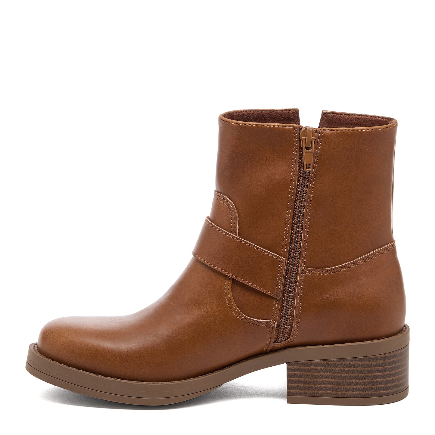Freddie Brown Boots in cognac, side view showing the side zip, stitched panels and block heel