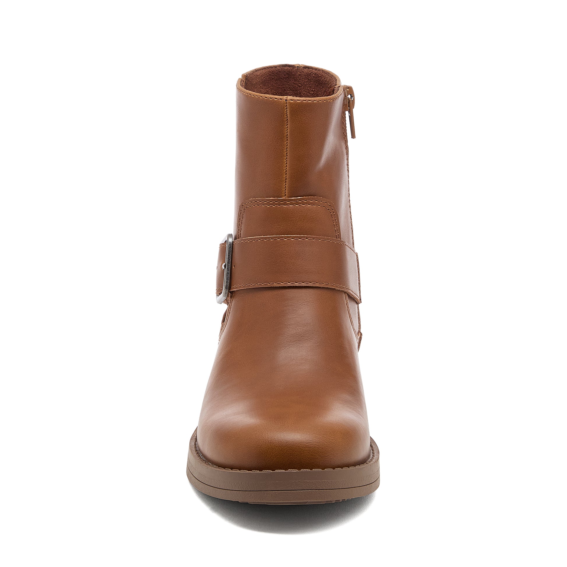 Freddie Brown Boots in cognac, front view showing the buckle strap, side zip pull and rounded toe