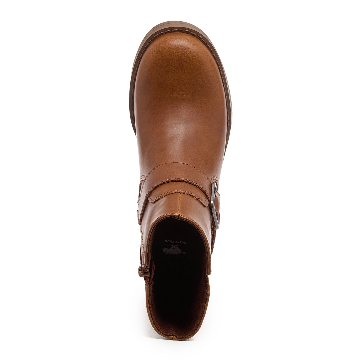 Freddie Brown Boots in cognac, top view showing the round toe, buckle strap and open ankle