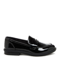Side view of the Rocket Dog Gabby black patent loafer, glossy patent upper and penny strap
