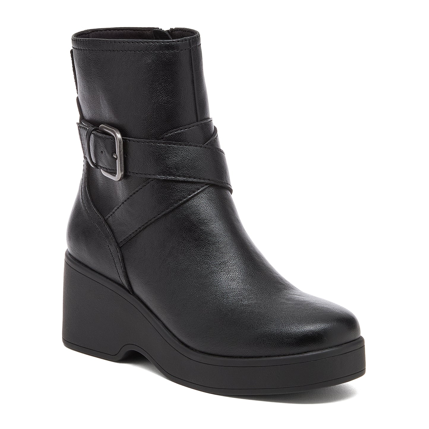 Jimmy Black Boots black boots front angled view showing buckle strap detail and rounded toe