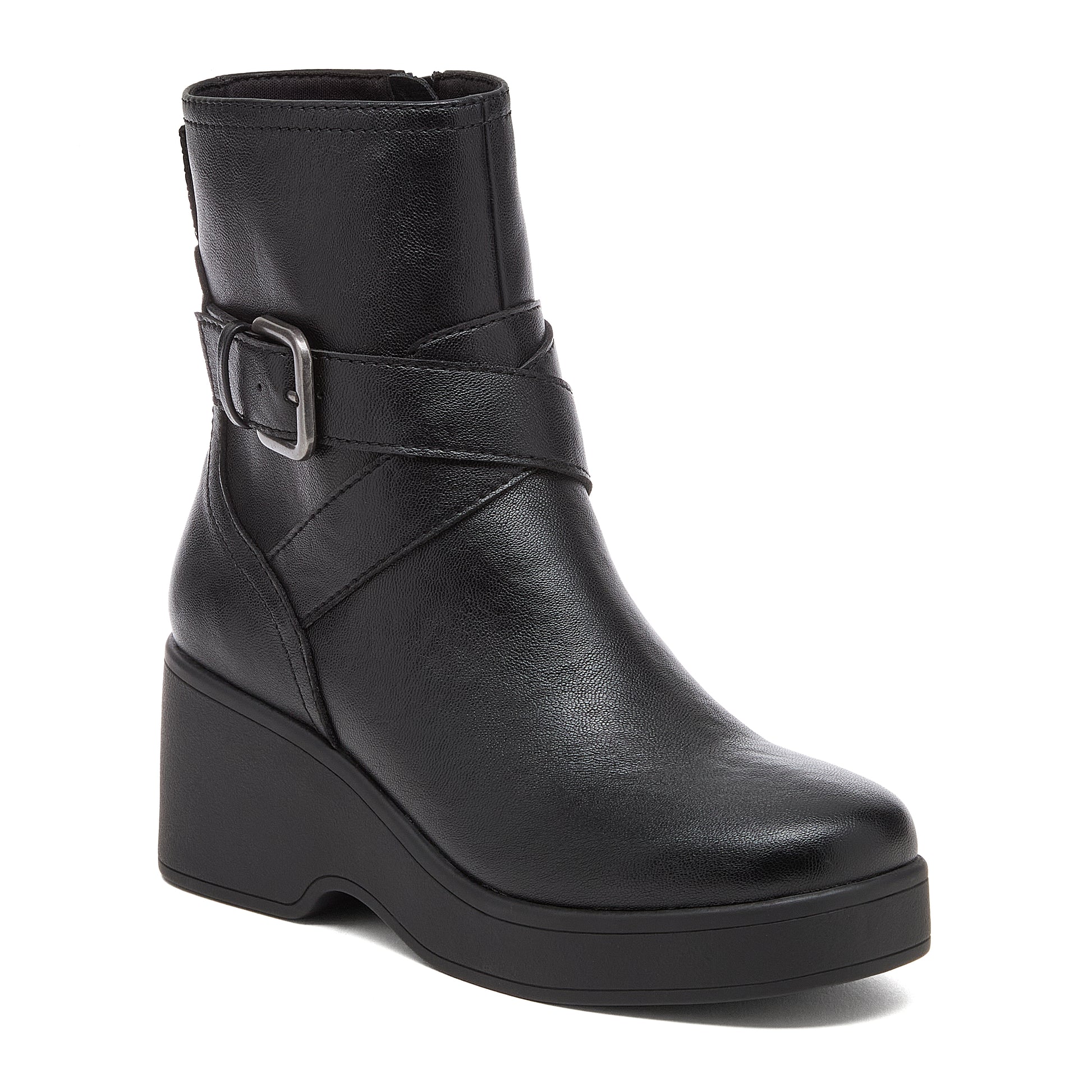 Jimmy Black Boots black boots front angled view showing buckle strap detail and rounded toe