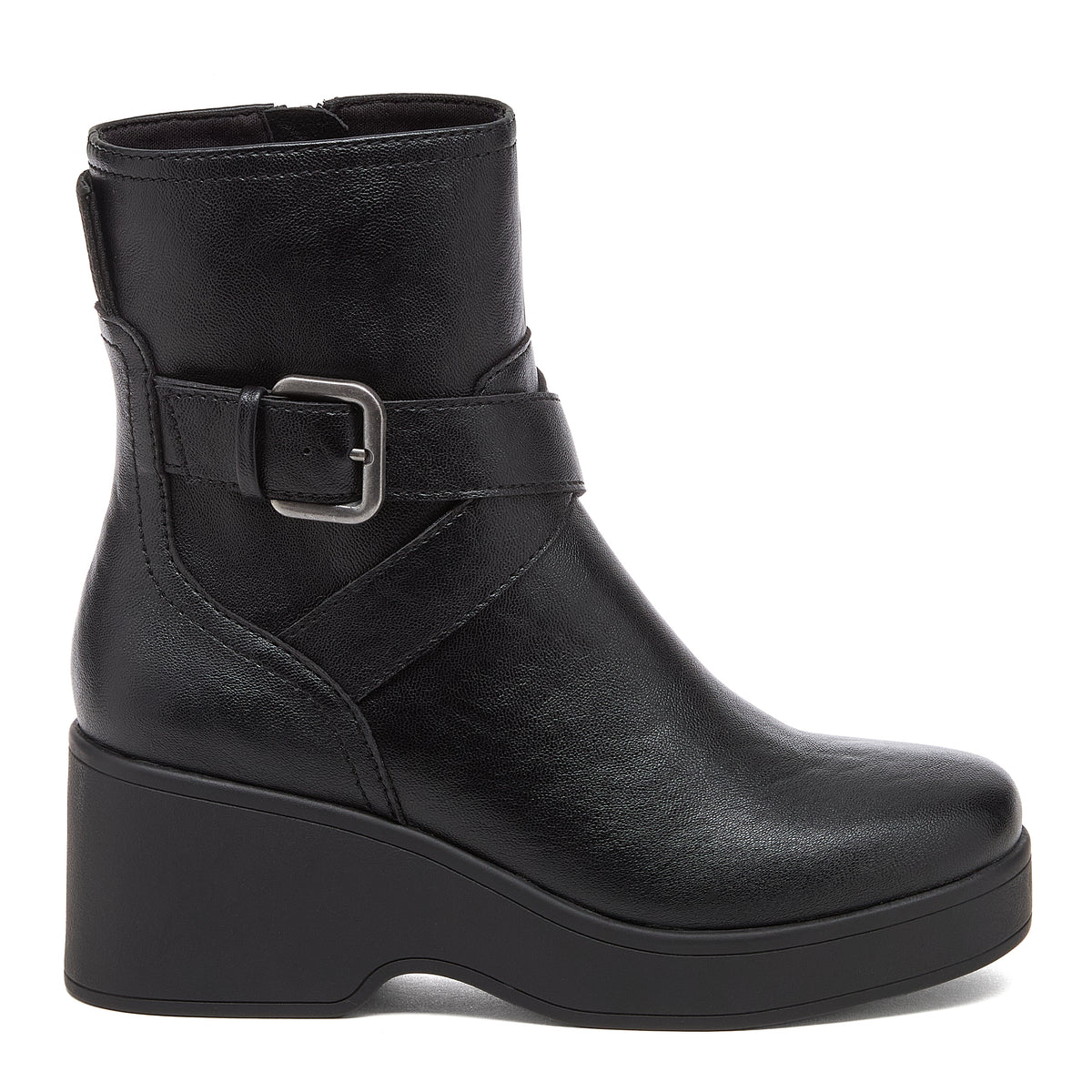 Jimmy Black Boots black boots side view showing buckle strap, ankle height and raised heel