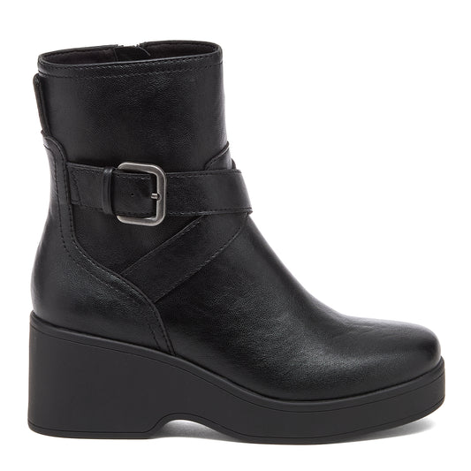 Jimmy Black Boots black boots side view showing buckle strap, ankle height and raised heel
