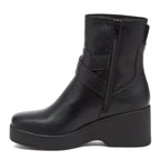 Jimmy Black Boots black boots side view showing side zip, wraparound strap and raised heel