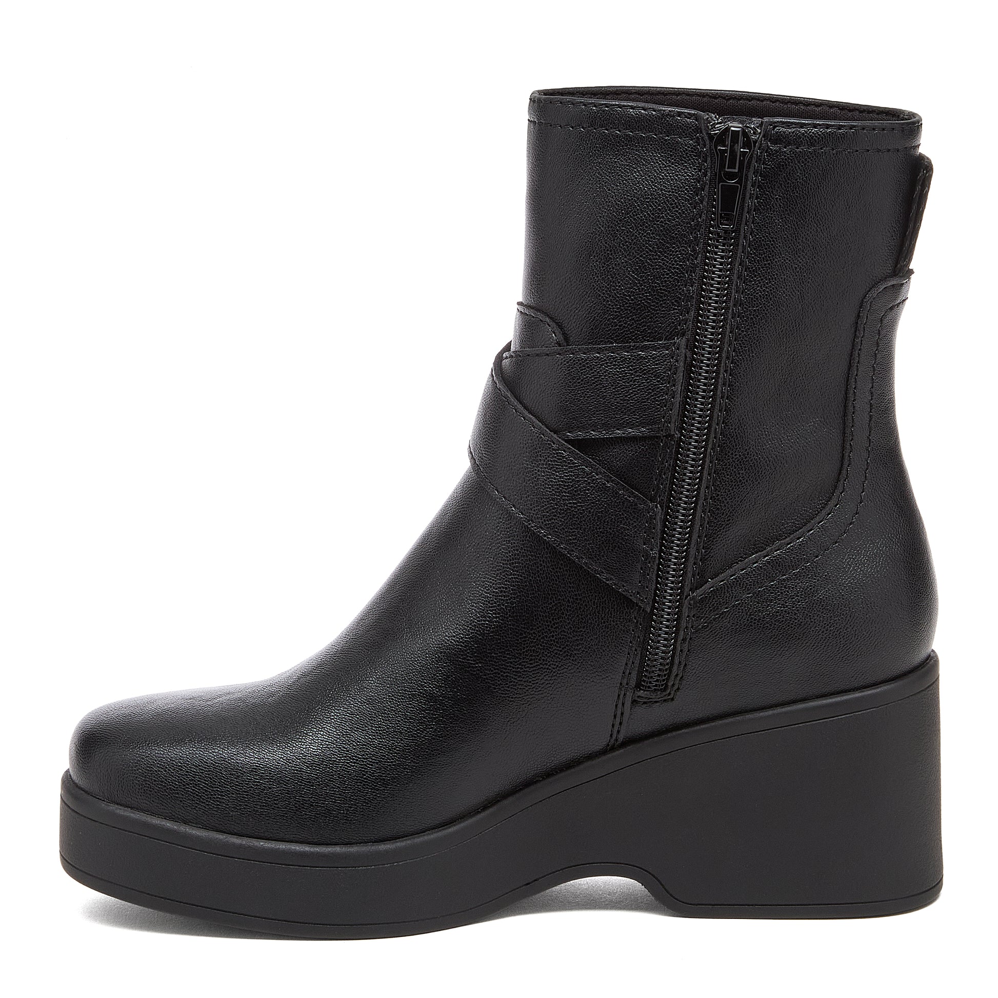Jimmy Black Boots black boots side view showing side zip, wraparound strap and raised heel