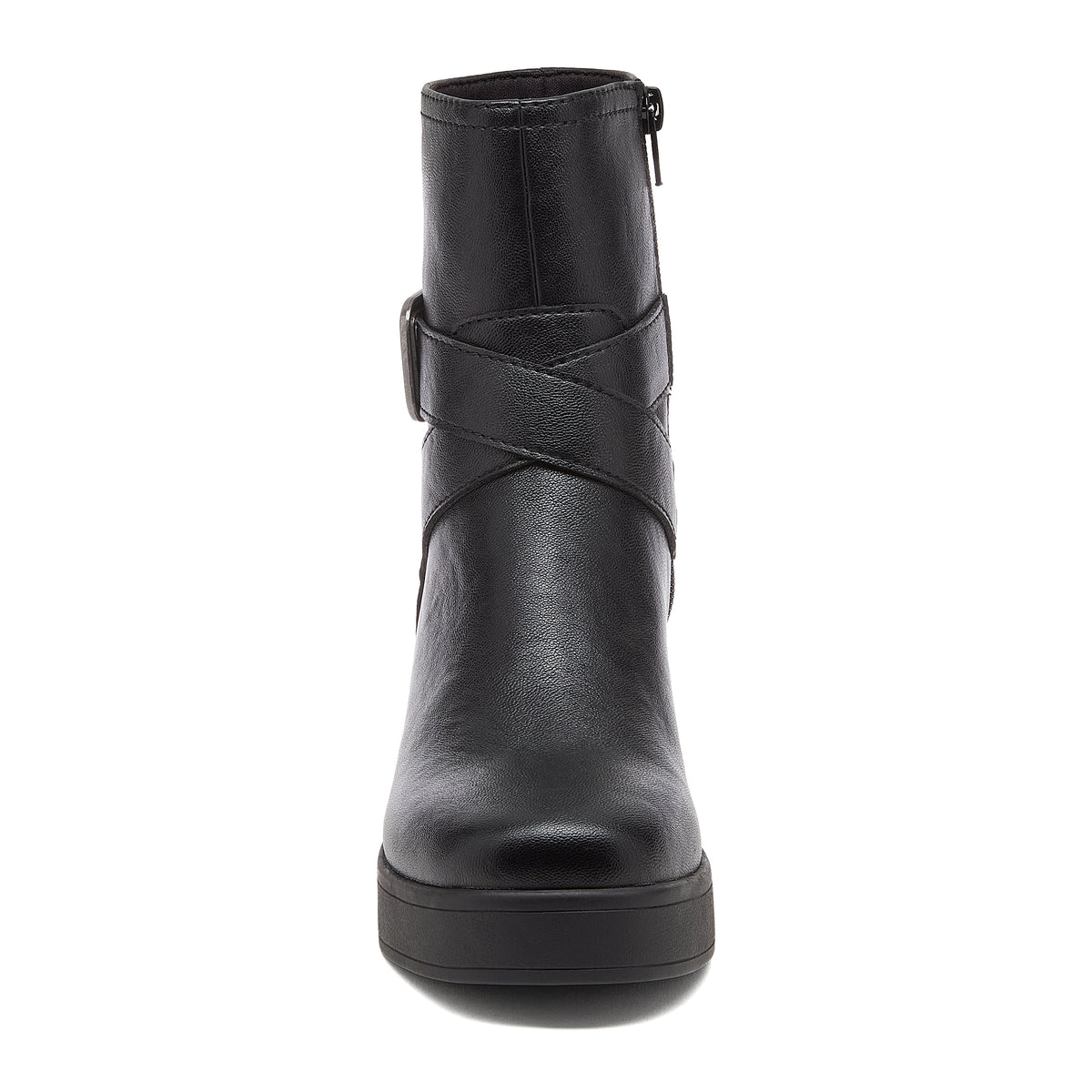 Jimmy Black Boots black boots front angled view showing buckle strap detail and rounded toe
