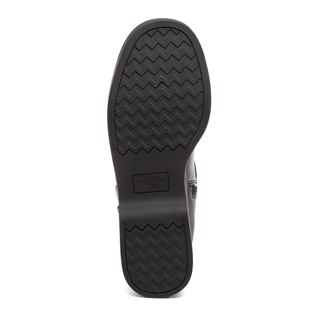 Jimmy Black Boots black boots sole view showing black tread pattern and Rocket Dog logo