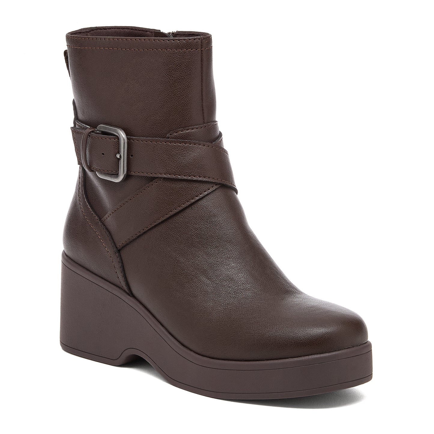 Jimmy Brown Boots dark brown boots front angle with buckle strap and rounded toe