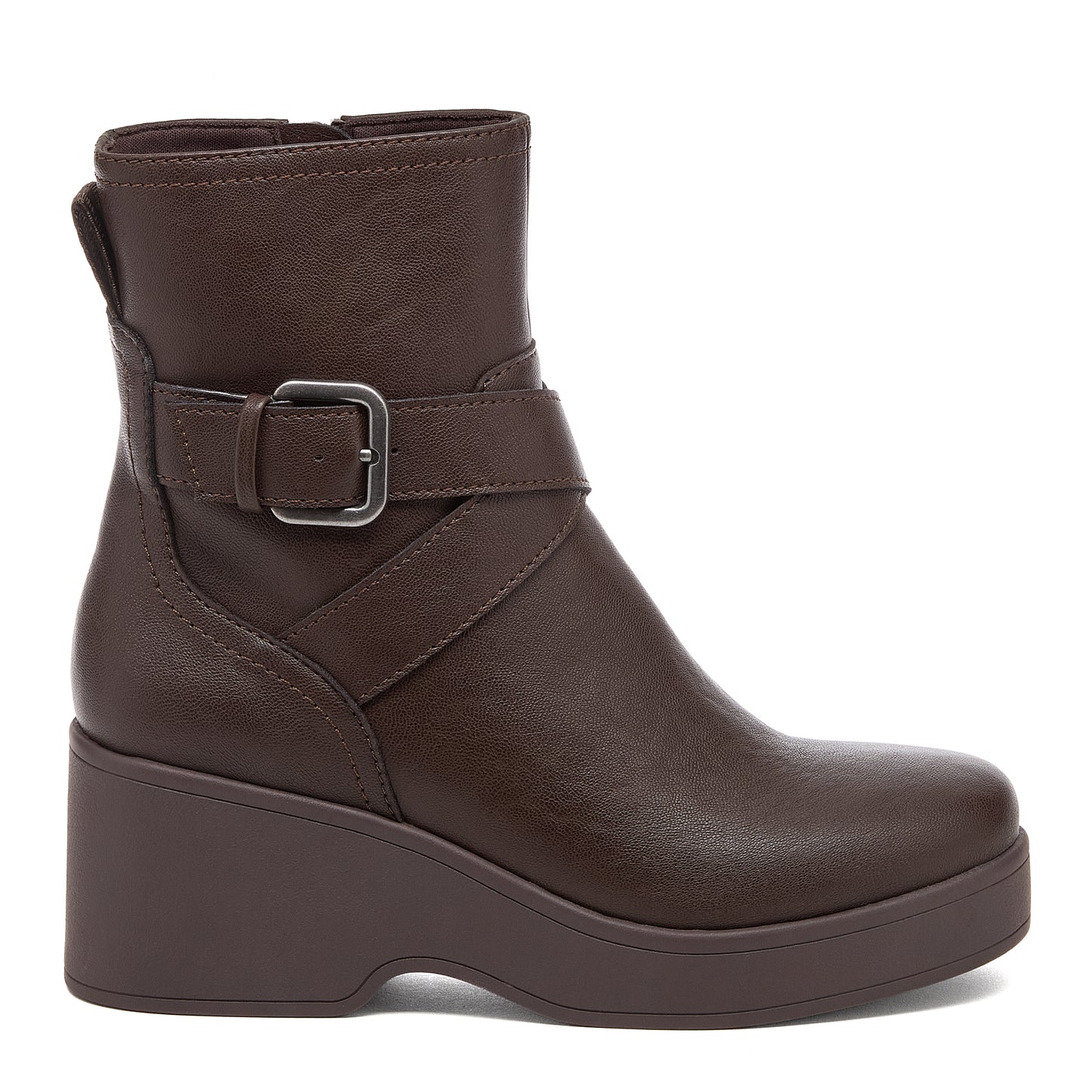 Jimmy Brown Boots dark brown boots side view with wraparound strap and buckle detail