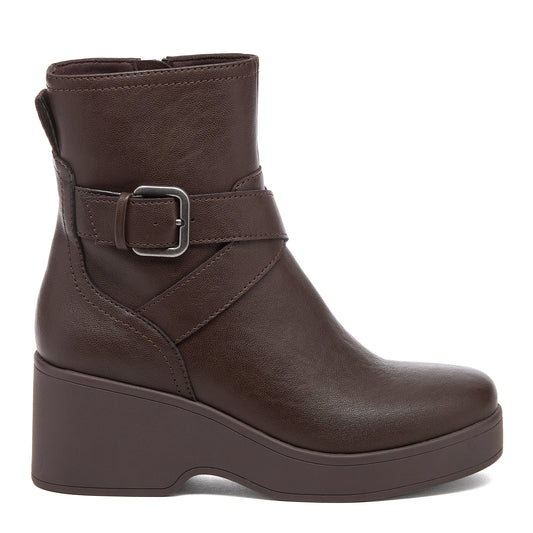 Jimmy Brown Boots dark brown boots side view with wraparound strap and buckle detail