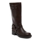 Brown leather boot with buckles on a white background