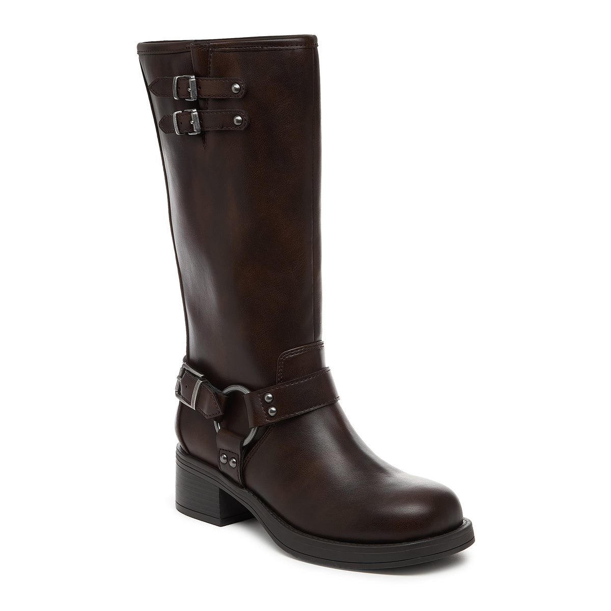 Brown leather boot with buckles on a white background