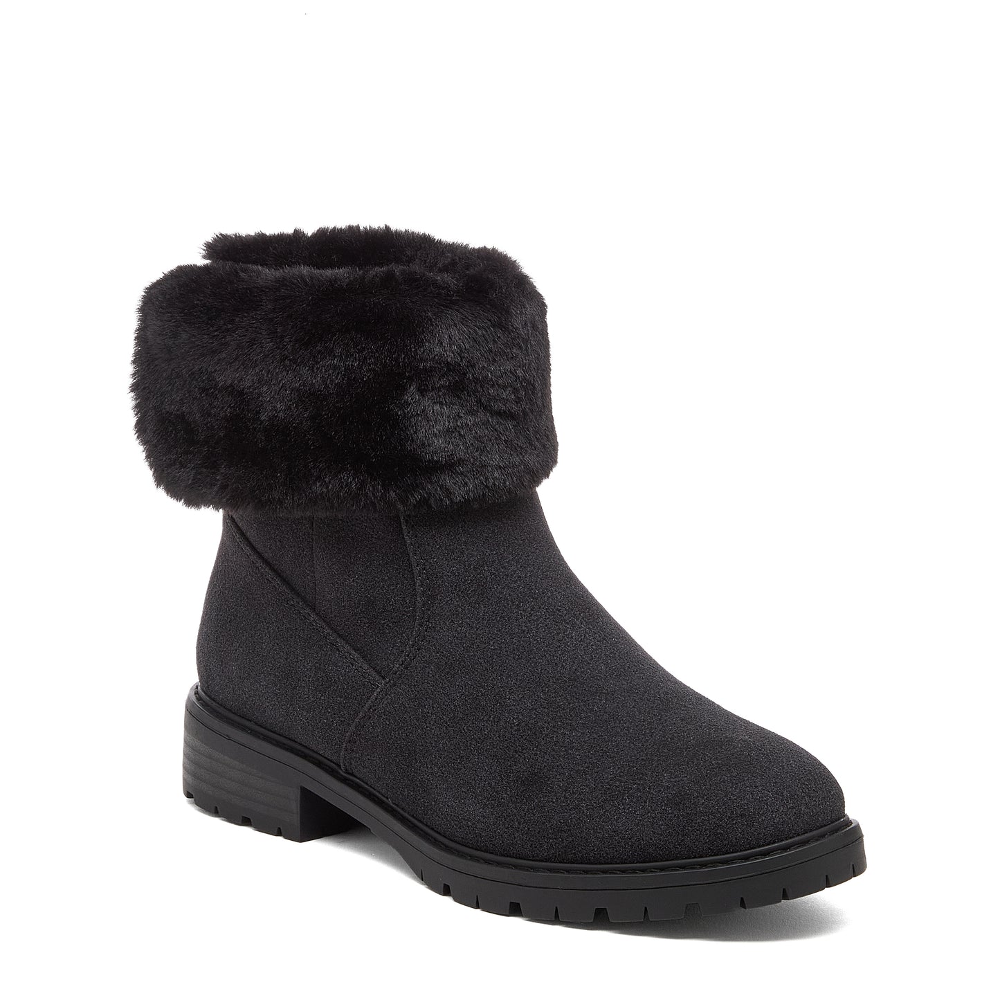 Niche Black Cuffed Boots front angle showing black cuffed boot with rounded toe, panel seams and treaded sole