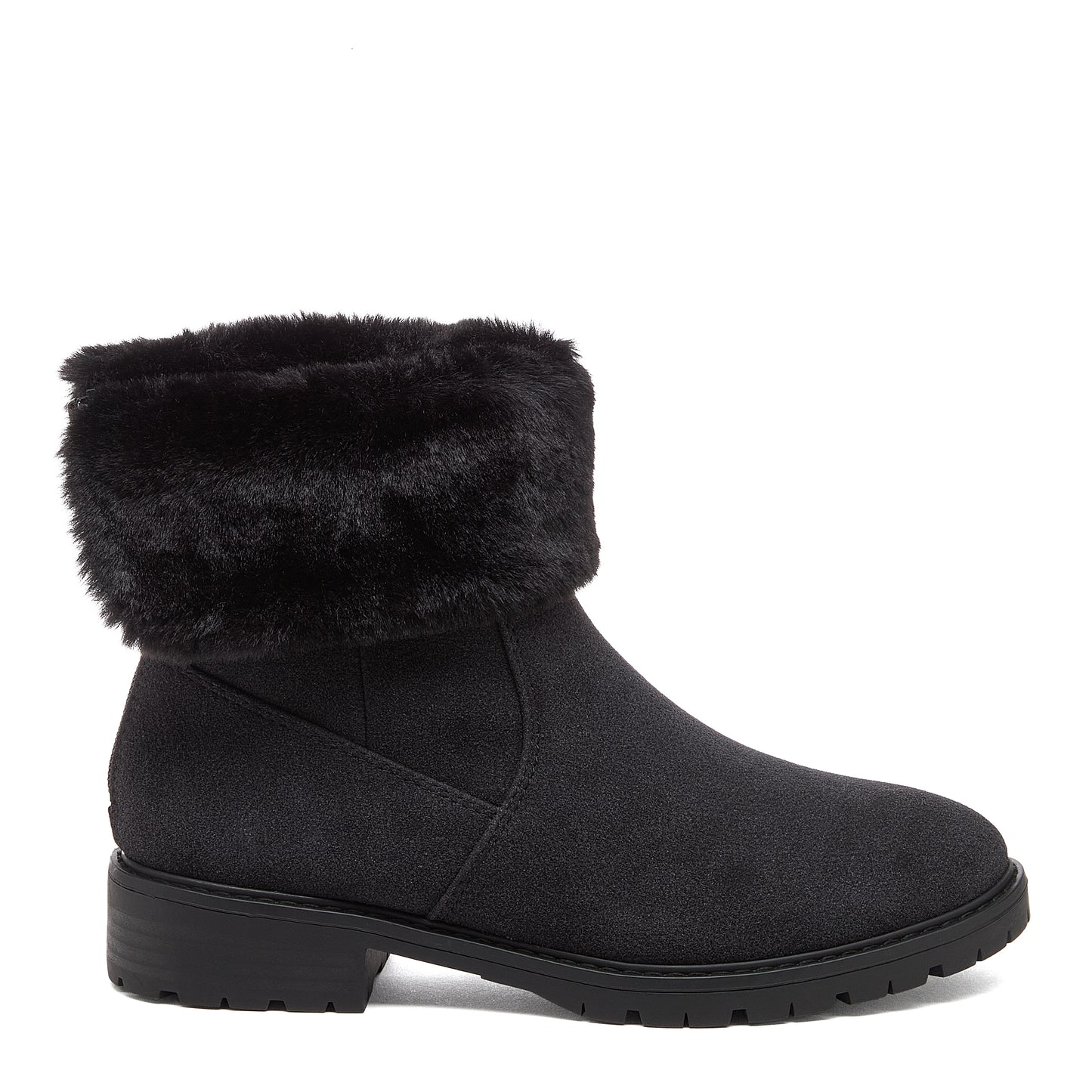 Niche Black Cuffed Boots side profile showing black ankle boot with faux fur cuff, panel detailing and treaded sole
