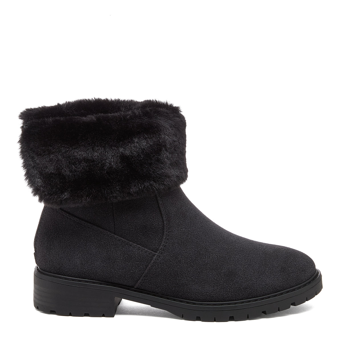 Niche Black Cuffed Boots side profile showing black ankle boot with faux fur cuff, panel detailing and treaded sole