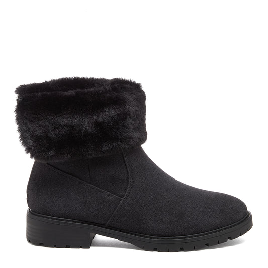 Niche Black Cuffed Boots side profile showing black ankle boot with faux fur cuff, panel detailing and treaded sole