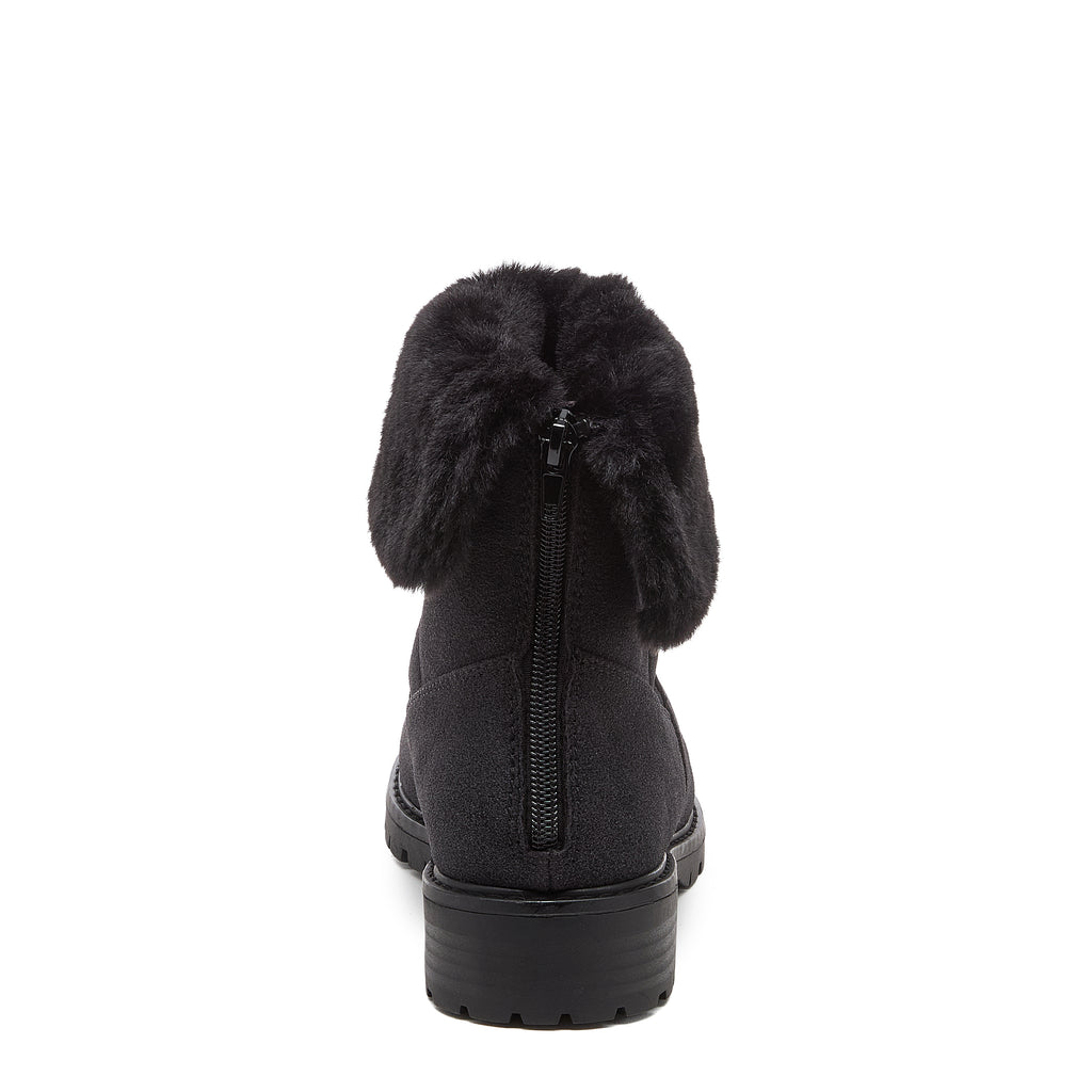 Niche Black Cuffed Boots side view showing black ankle boot with faux fur cuff, rounded toe and low heel