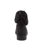 Niche Black Cuffed Boots side view showing black ankle boot with faux fur cuff, rounded toe and low heel