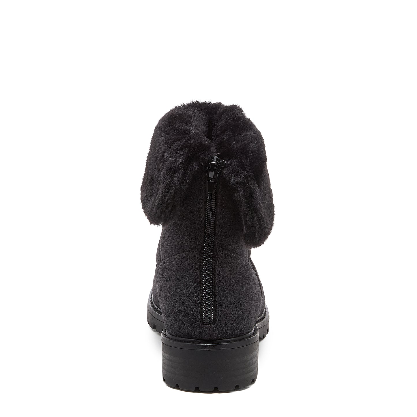 Niche Black Cuffed Boots side view showing black ankle boot with faux fur cuff, rounded toe and low heel