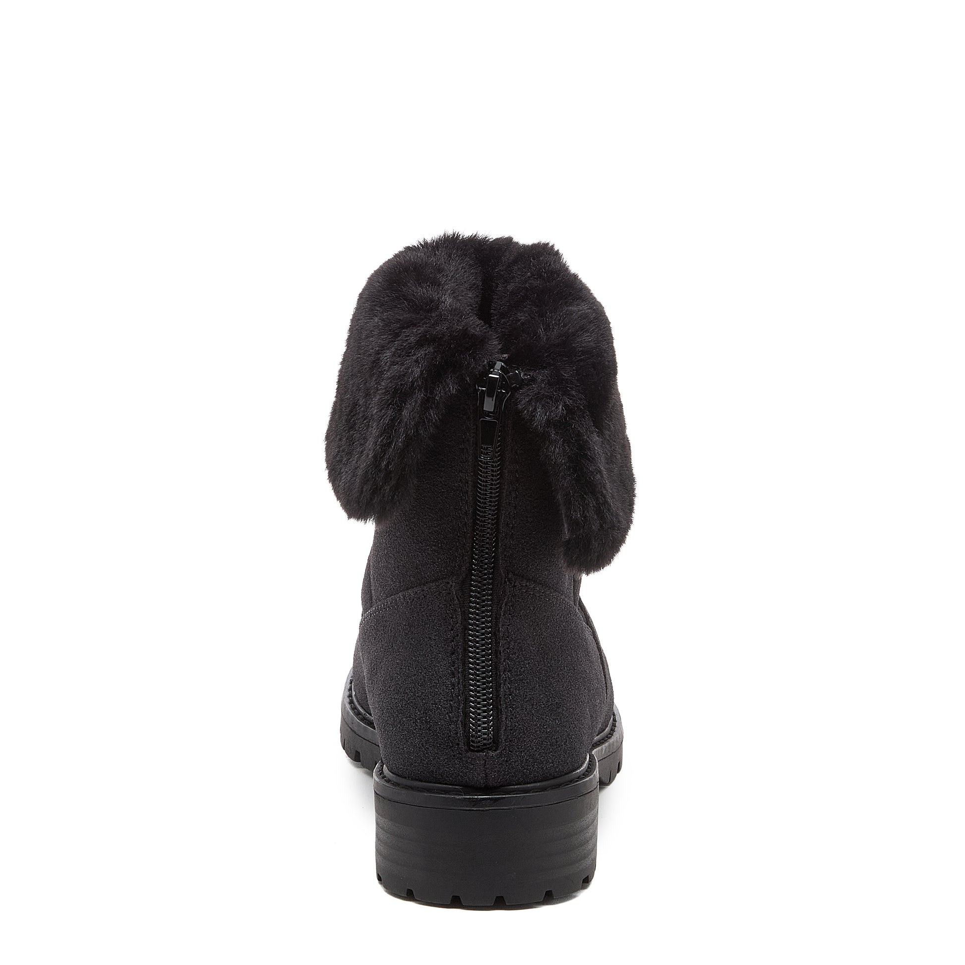 Niche Black Cuffed Boots side view showing black ankle boot with faux fur cuff, rounded toe and low heel