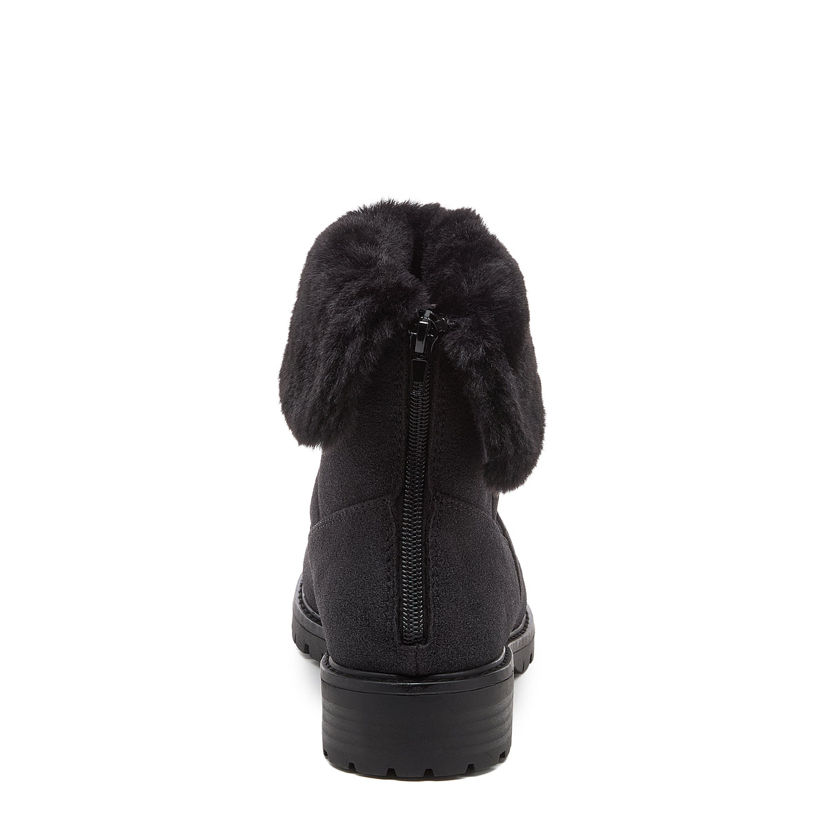 Niche Black Cuffed Boots side view showing black ankle boot with faux fur cuff, rounded toe and low heel