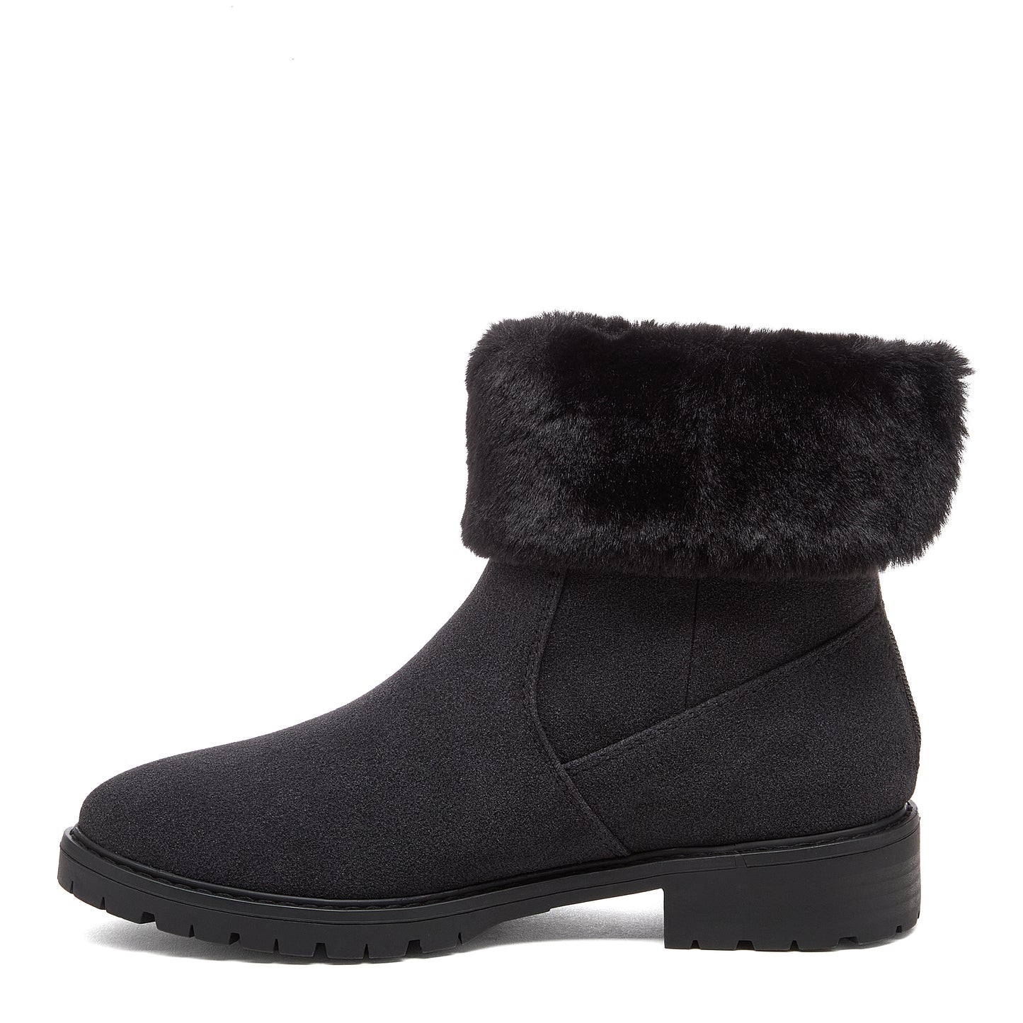 Niche Black Cuffed Boots side profile showing black ankle boot with faux fur cuff, panel detailing and treaded sole