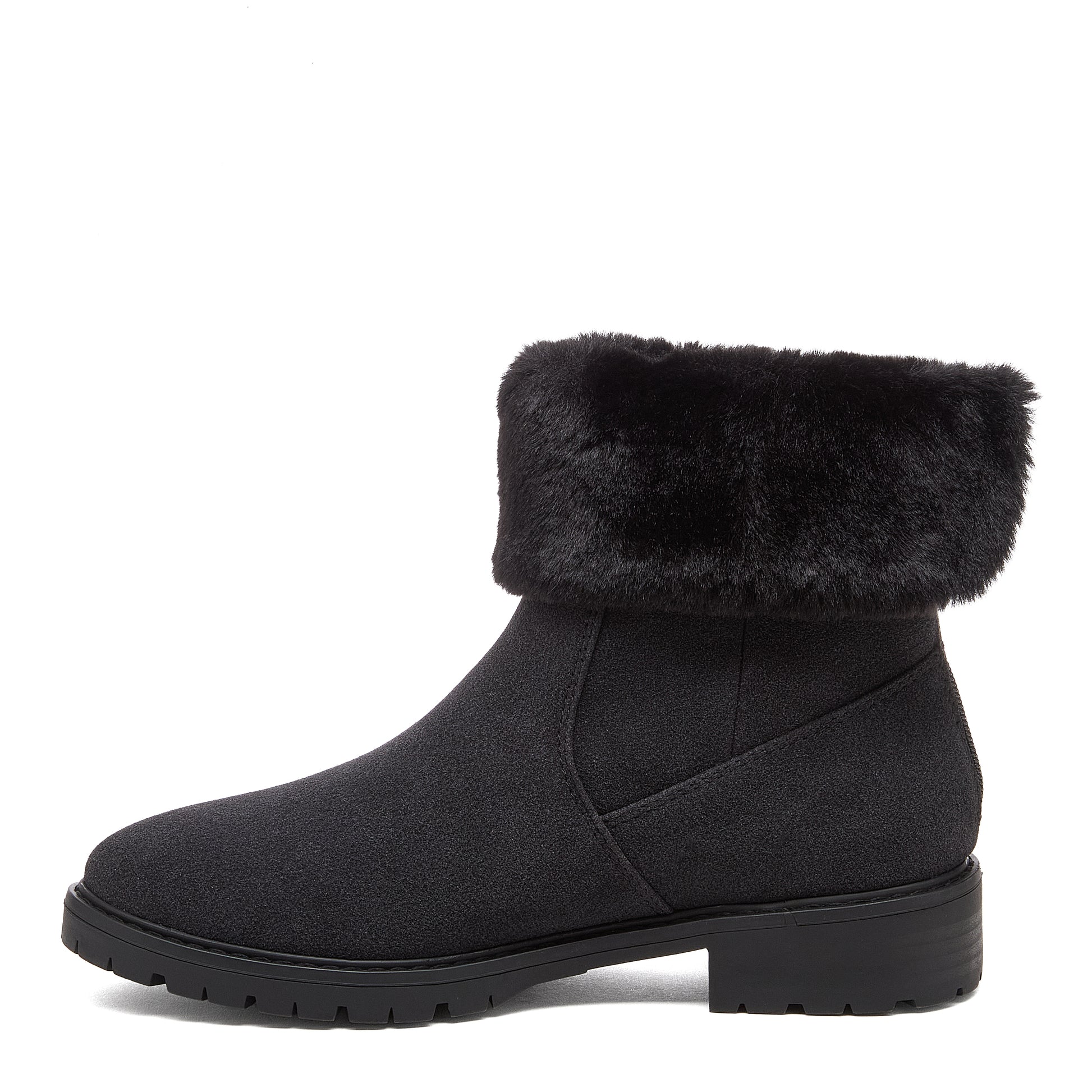 Niche Black Cuffed Boots side profile showing black ankle boot with faux fur cuff, panel detailing and treaded sole