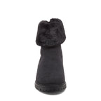 Niche Black Cuffed Boots front view showing black ankle boot with faux fur cuff, rounded toe and treaded sole