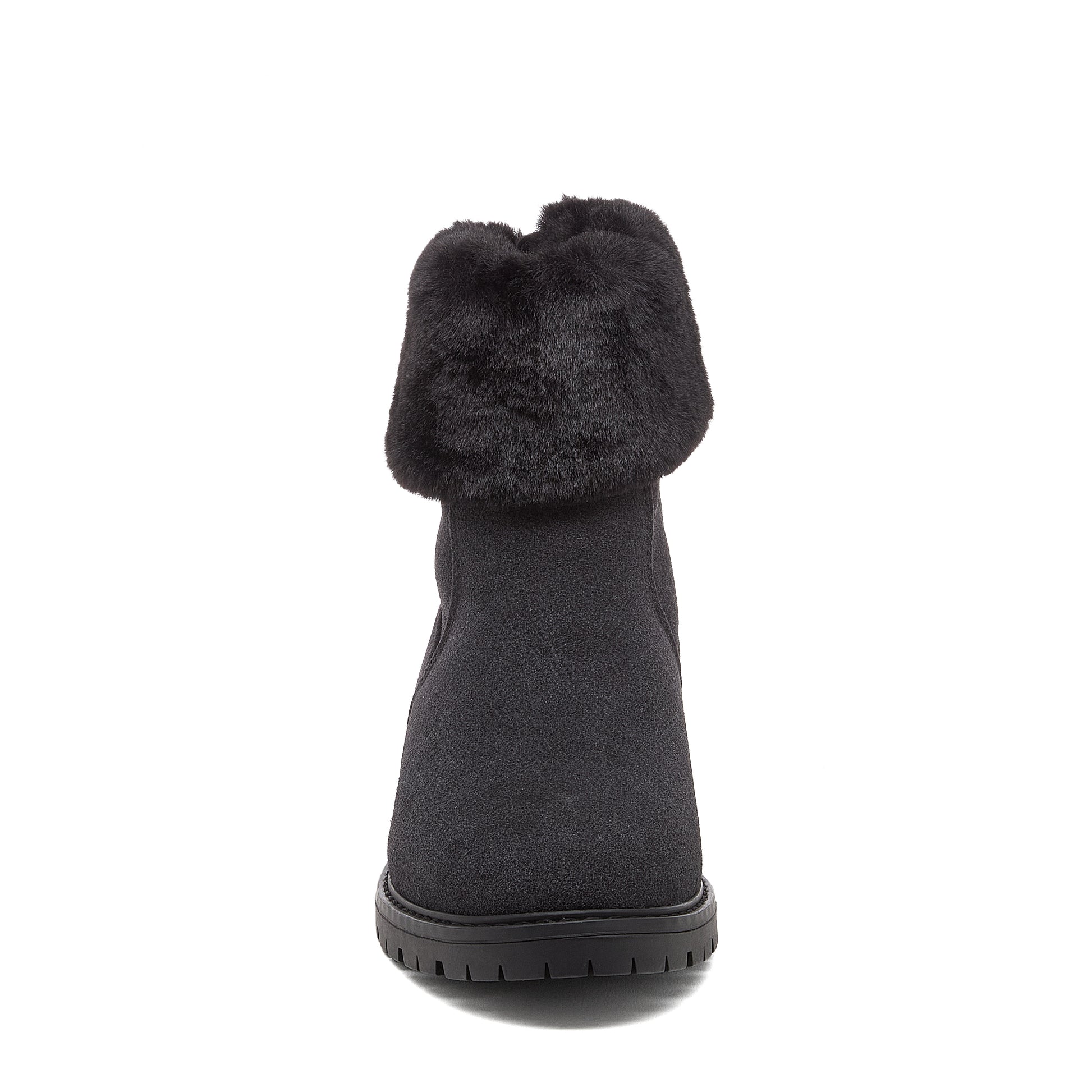 Niche Black Cuffed Boots front view showing black ankle boot with faux fur cuff, rounded toe and treaded sole