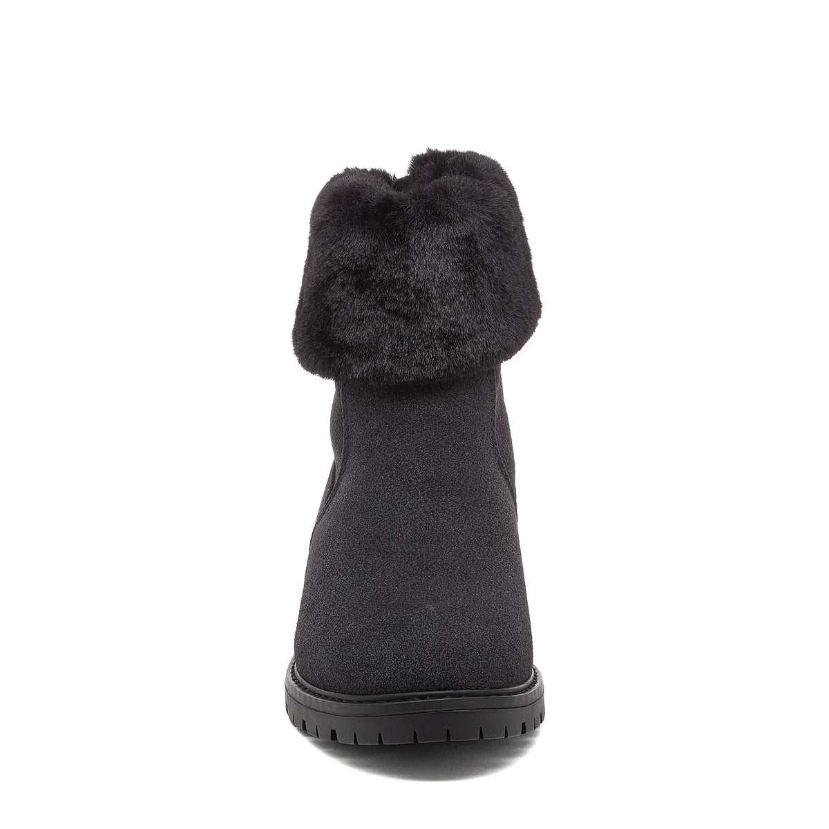 Niche Black Cuffed Boots front view showing black ankle boot with faux fur cuff, rounded toe and treaded sole
