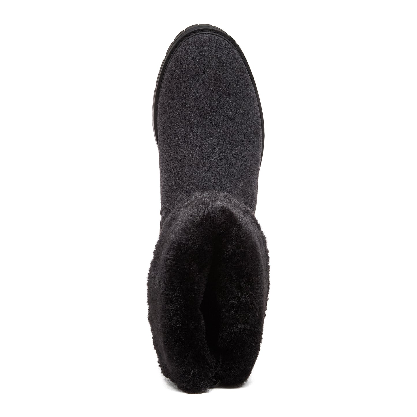 Niche Black Cuffed Boots top view showing rounded toe, open cuff and faux fur trim